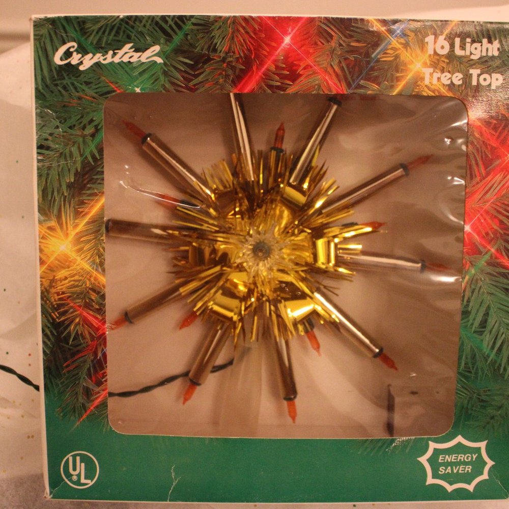 Vintage Gold Tinsel 16 light Christmas tree topper